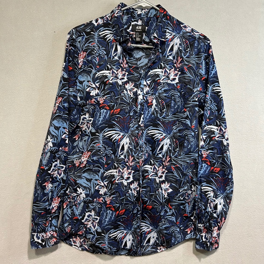 H&M Relaxed Fit Men's Size Small Button Down Shirt Tropical‎ Floral Long Sleeve